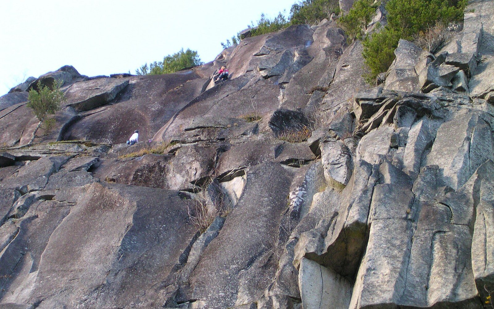 Two climbers scale a steep granite cliff face dotted with sparse vegetation